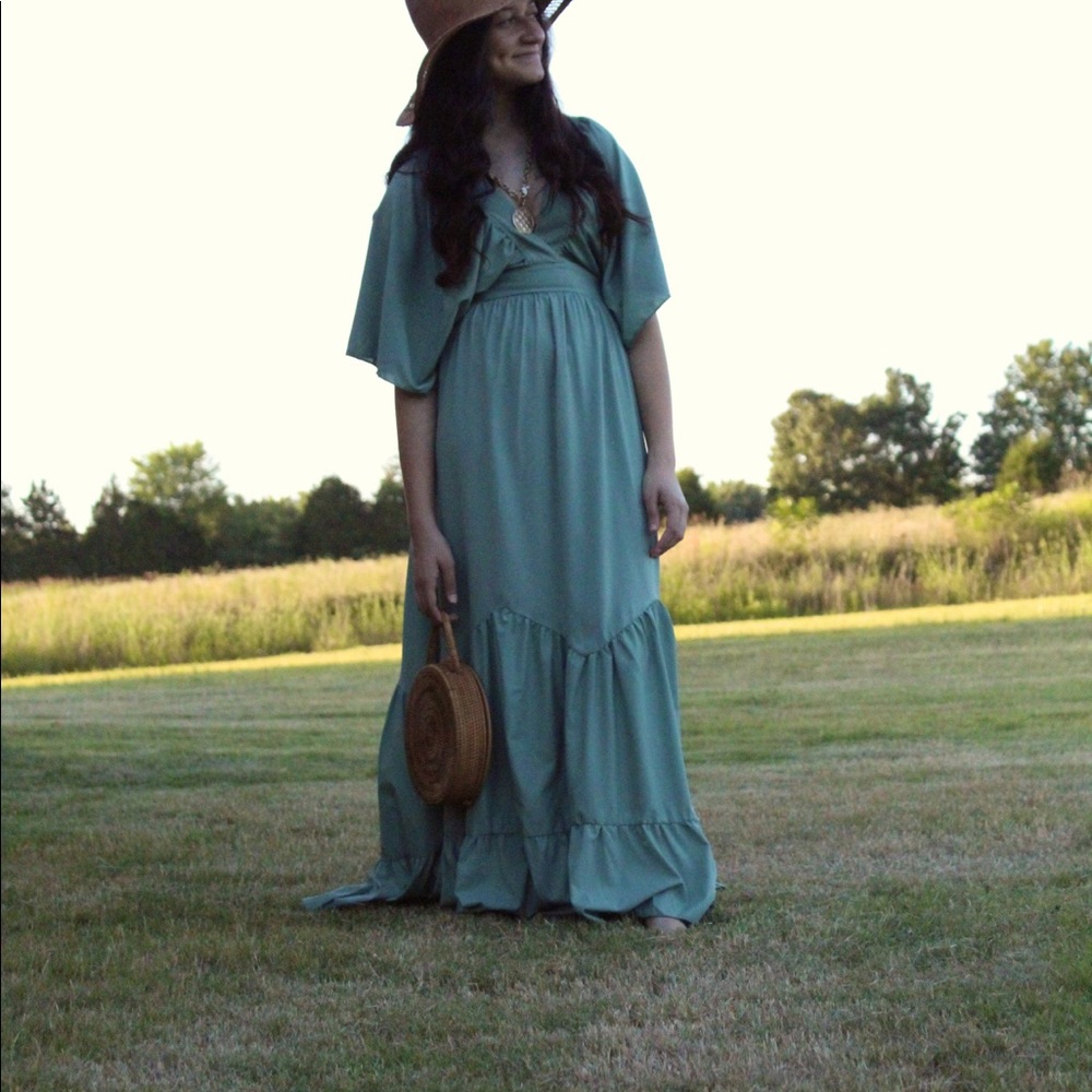Maxi dress casual mid sleeves pleated ruffle BoHo dress - Picture 4 of 16